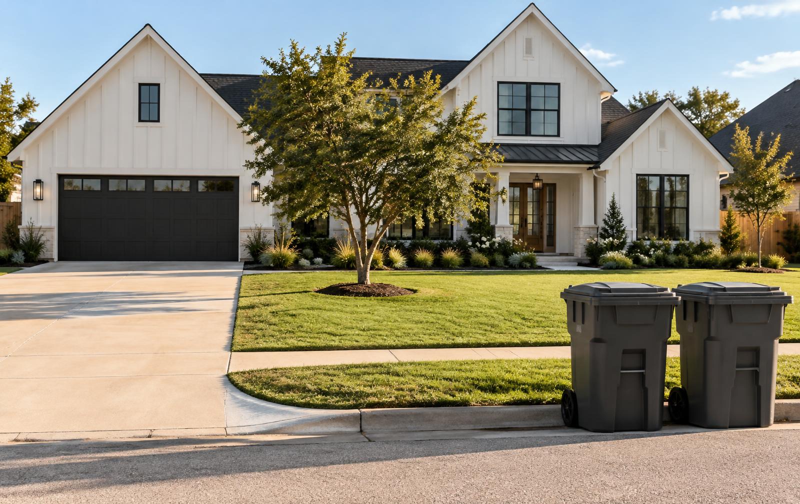 A well-kept Bryan–College Station home with trash cans placed neatly at the curb
